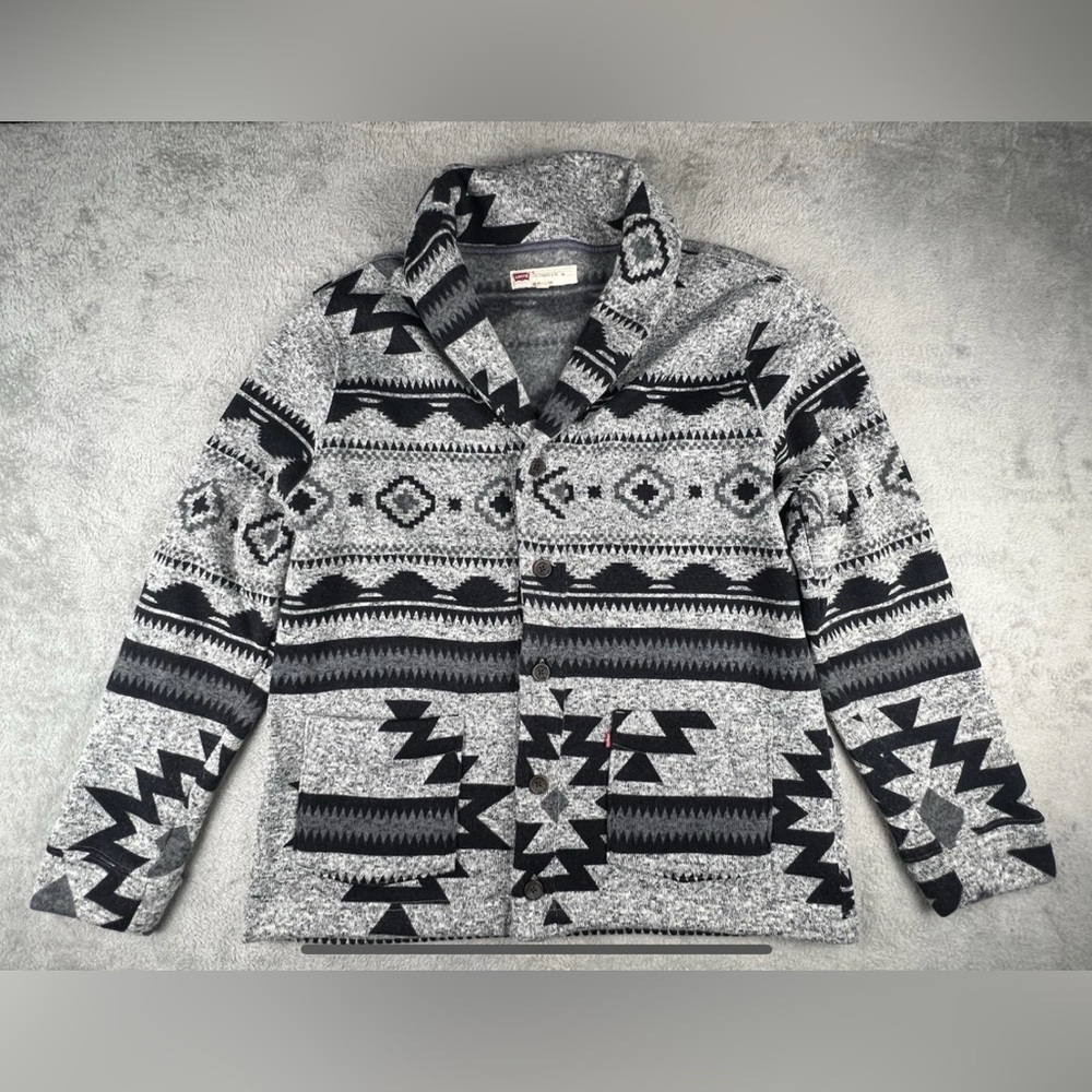 Levi's Fleece Cardigan Mens XL Gray Shawl Neck Southwest Aztec Geometric Jacket